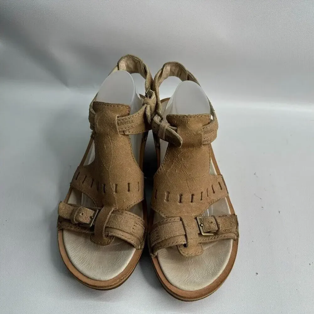 Merrell Select Fresh J21952 Beige Leather Buckle Wedge Sandal Shoes Women's US 9